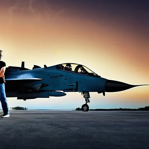 Prompt: aesthetic illustration of jeffrey epstein, wearing a dark blue polo shirt, standing near fighter jet on an empty runway at dusk, high detail, volumetric lights, pinterest wallpaper