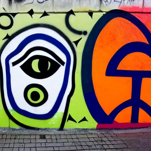 Image similar to wall with graffiti of man with one eye made with colored circles and lines, by Julien Durix