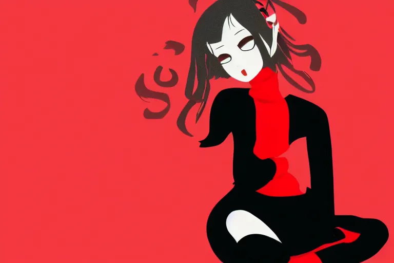 Prompt: a girl sitting vertically, wearing a black outfit with red trim, white background, soft shadow, vector shaded anime, detailed colors, digital art, 4 k