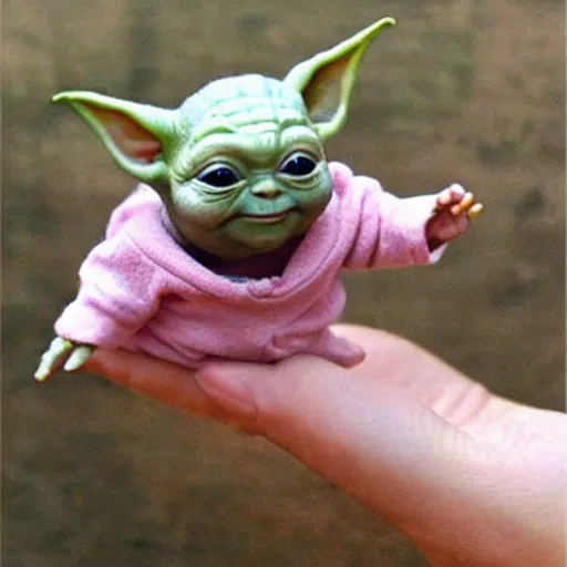 Image similar to a tiny pigmy baby yoda-Shrek hybrid in the palm of a person's hand, super cute