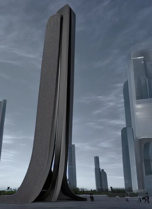 Prompt: highly detailed realistic architecture 3 d render of a huge high futuristic metallic stele sculpture in zaha hadid style standing in city park, archdaily, made in unreal engine 4