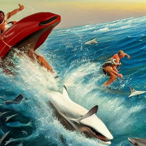 Image similar to Jesus riding a jetski being chased by sharks, painting by Jon McNaughton