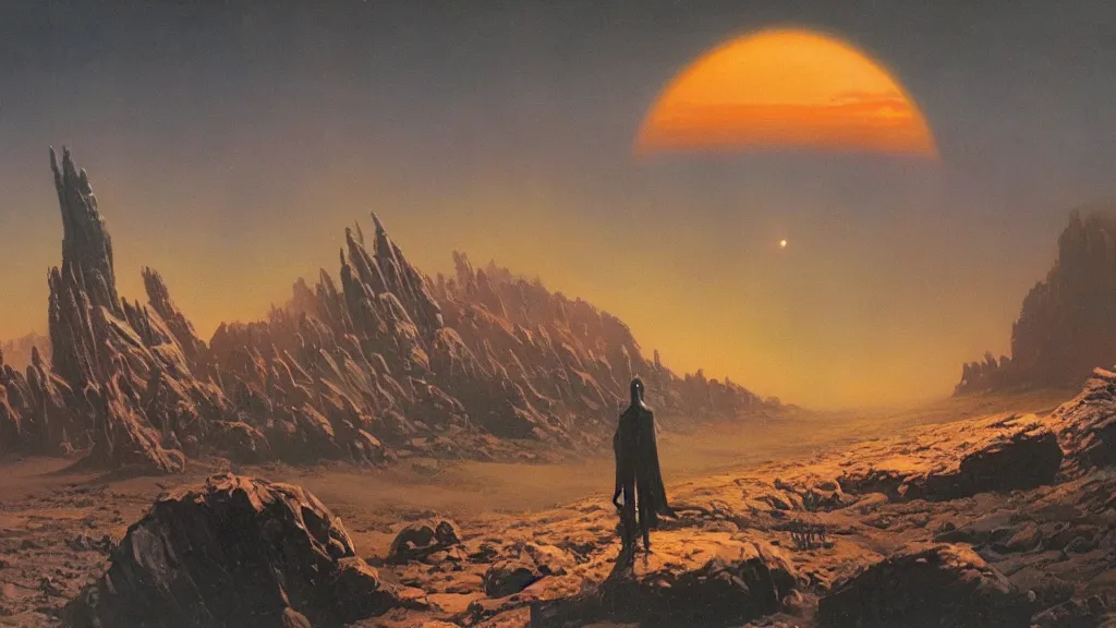 Prompt: eerie atmospheric alien planet by les edwards and vincent di fate, epic cinematic matte painting