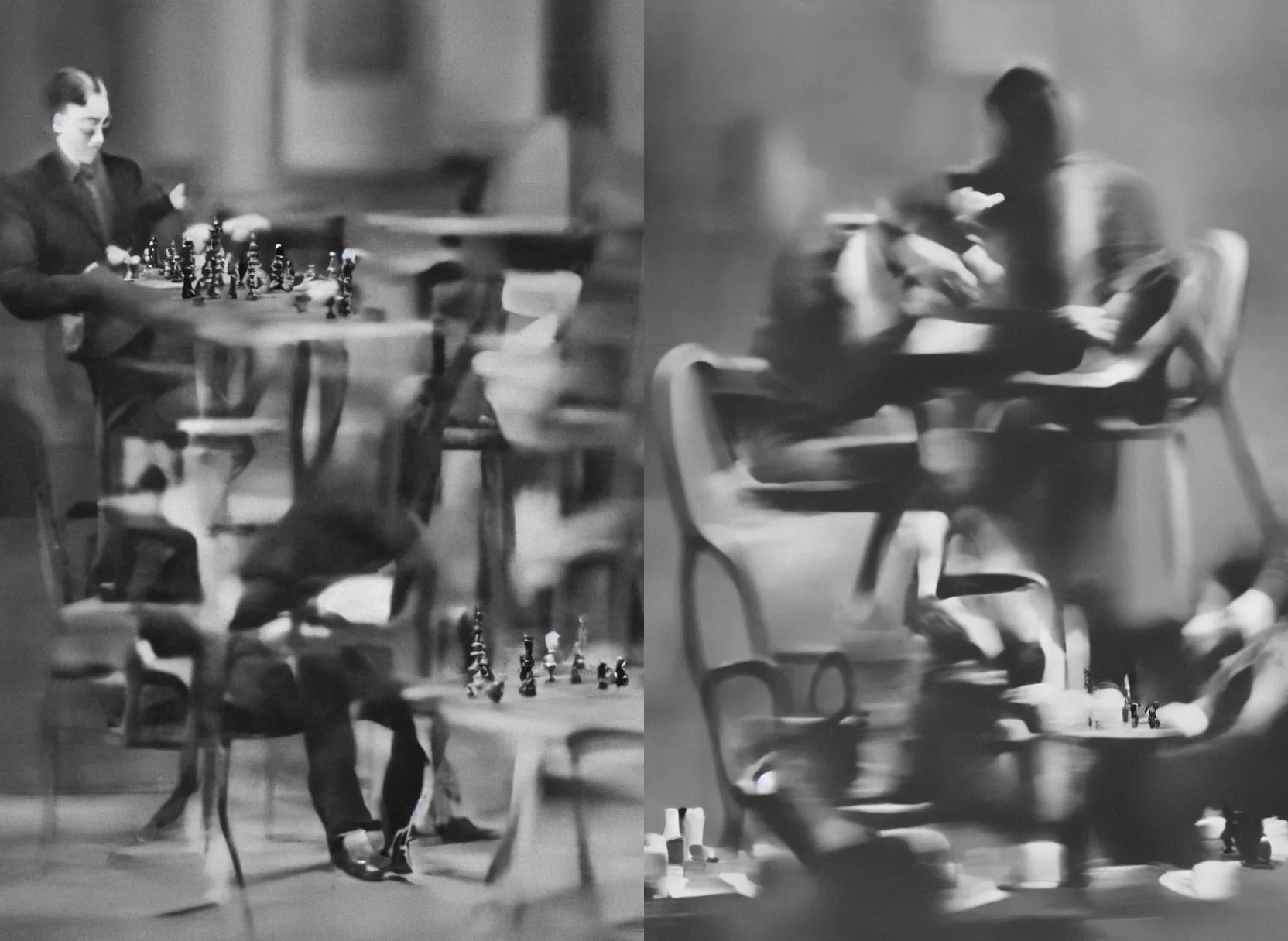 Prompt: filmstill of Marcel Duchamp playing chess alone in a vast empty room, vintage film stock, by Irving Penn, viewed through prsimatic glitches