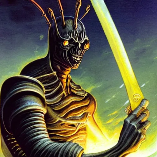 Image similar to ( ( ( half length portrait of yellow - skinned alien githyanki warrior holding a magical silver sword, in the astral plane ) ) ), d & d, fantasy, medieval, greg rutkowski, frank frazetta, alexandre chaudret, boris vallejo, michael whelan, miro petrov, hr giger, magali villeneuve, donato giancola