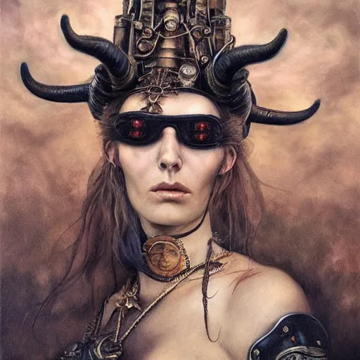 Image similar to a hyperrealistic portrait painting of a beautiful woman with demonic horns wearing steampunk goggles, riding a horse into the fires of hell, by santiago caruso, highly detailed,