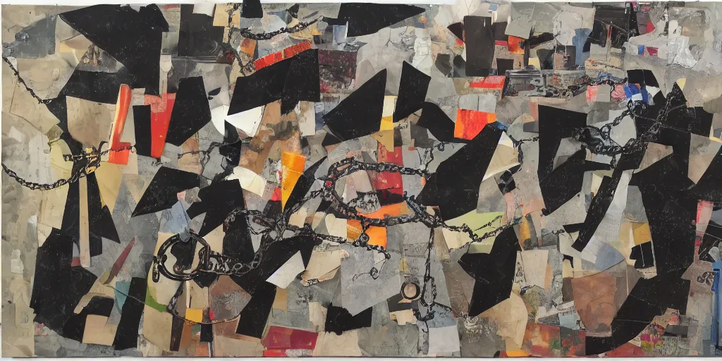 Image similar to mad dog on a chain, collage, sweeping paper and acrylic on canvas, minimalism and expressionism movement, breathtaking detailed, by may wilson