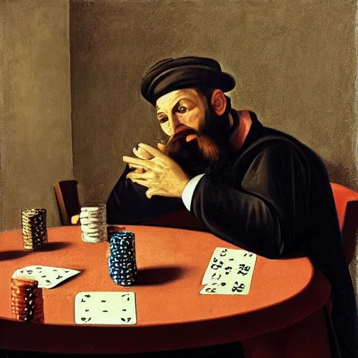 Prompt: Bearded man in a suit playing poker, Caravaggio style