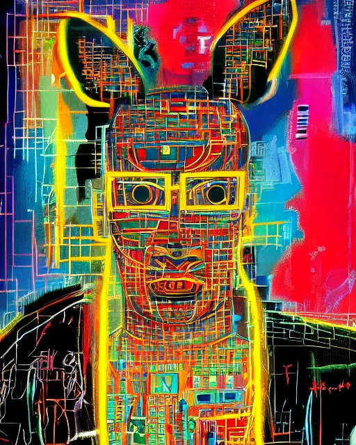 Prompt: a cyberpunk portrait of a lama by jean - michel basquiat, by hayao miyazaki by artgerm, highly detailed, sacred geometry, mathematics, snake, geometry, cyberpunk, vibrant, water