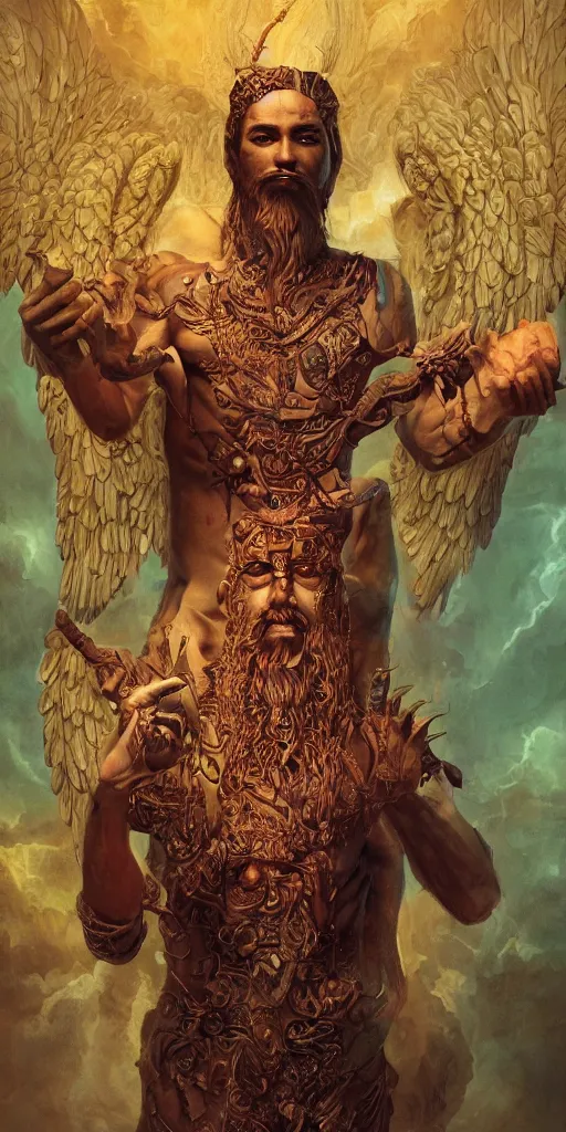 Prompt: Portrait of enki sumerian god, holding a strobilus in his left hand and wings. illustration, by James Jean, artgerm, octane render, by John Coltrane and Marc Simonetti, Manic, inspired by Greg rutkowski, colorful, high detail of the face, full body