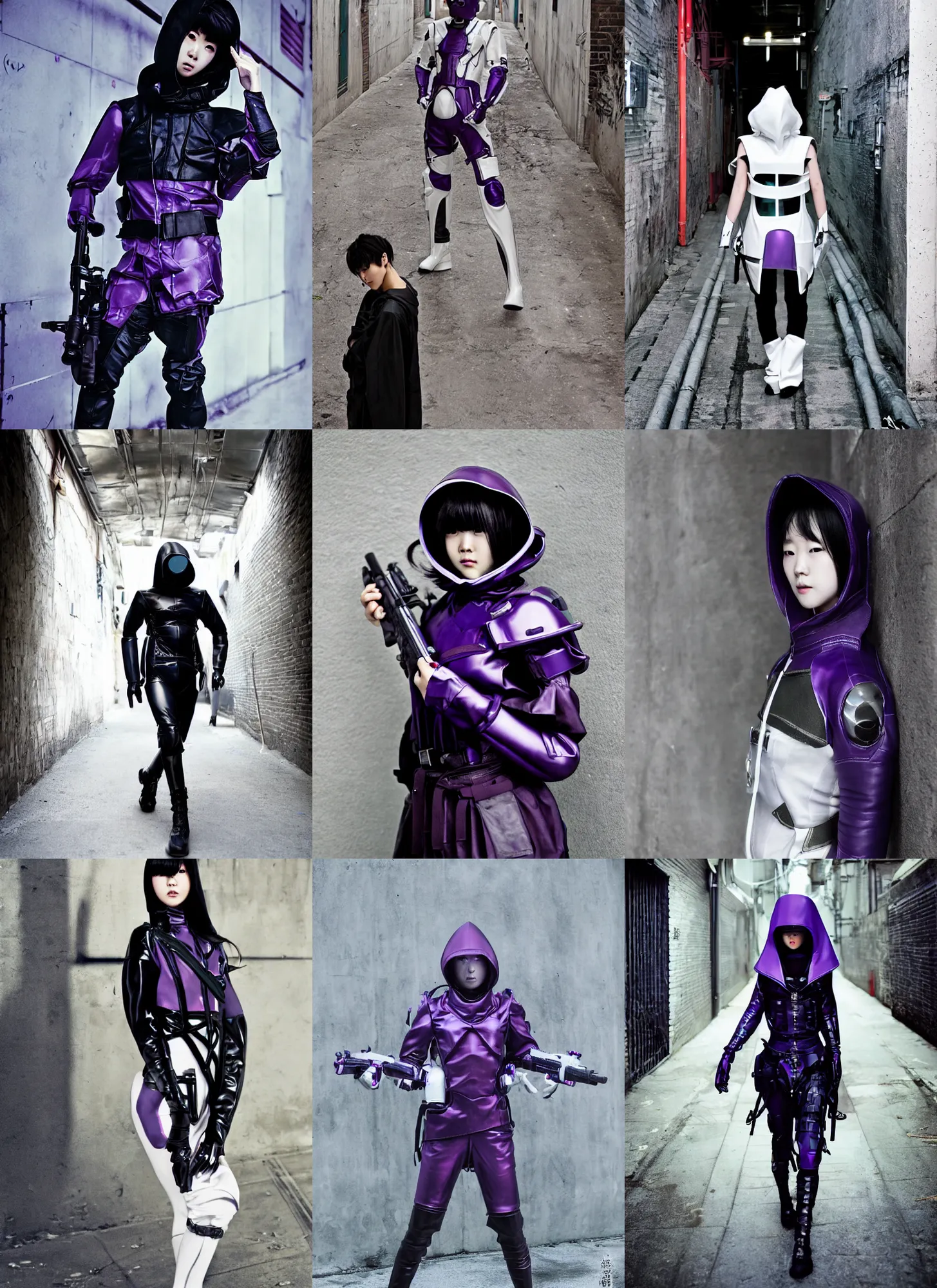 Prompt: ulzzang with white sci - fi tactical gear, black leather garment, purple transparent sci - fi hood, full shot fashion photography, alleyway, by irving penn and storm thorgerson, ren heng, peter elson