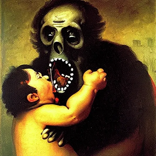 Image similar to a dramatic oil painting of Elmo devouring his son by Francisco Goya