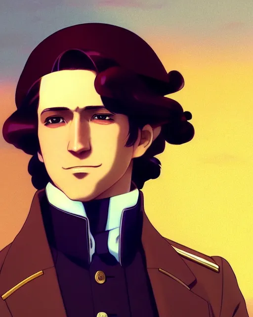 Prompt: Anime as George Washington. Handsome face. Warm smile. Realistic shaded. Perfect face. Fine details. Anime. Realistic shaded lighting. During golden hour!!! Ilya Kuvshinov. Katsuhiro Otomo. Ghost in the shell. Magali Villeneuve. artgerm. Jeremy Lipkin. Michael Garmash. Rob Rey,