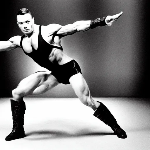 Prompt: cinematic still, young Jean Claude Vandamme doing the splits, dramatic lighting ,award winning,