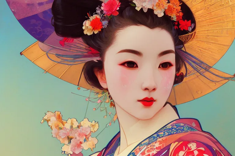 Prompt: close up portrait shot of a beautiful geisha wearing flowing colourful clothes, alphonse mucha, rhads, ross tran, artstation, artgerm, octane render, 1 6 k