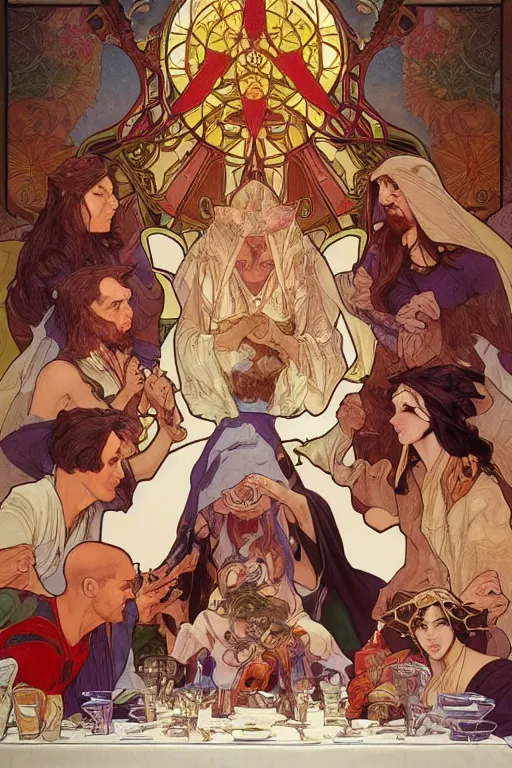 Prompt: the last supper, by artgerm and moebius and alphonse mucha, hyperdetailed, dc comics, explosions in the sky, trending on artstation