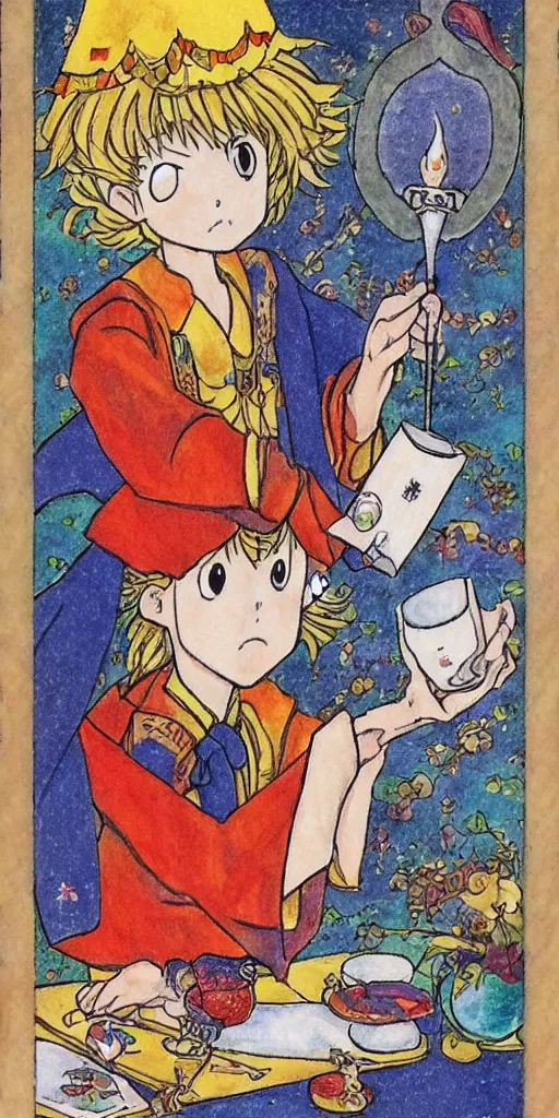 Image similar to a mystical man with a goblet on the table, wizard hat, drawn by Naoko Takeuchi, impressive line work, tarot card. tarot card the magician,