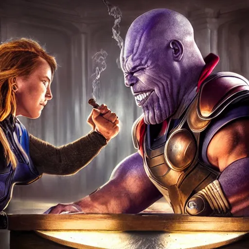 Prompt: hyperrealistic mixed media panoramic image of Thor arm wrestling Thanos smoking a cigar at an arm wrestling championship, crowd cheering in the background, stunning 3d render inspired art by István Sándorfi and Greg Rutkowski, perfect facial symmetry, realistic, highly detailed attributes and atmosphere, dim volumetric cinematic lighting, 8k octane extremely hyper-detailed render, post-processing, masterpiece,