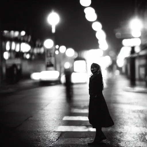 Prompt: detailed portrait of a woman in the city street at night, bokeh, long exposure, ilford hp 5 plus