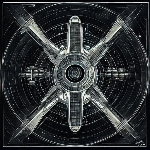 Image similar to black background, symmetry, starship enterprise, by jean - baptiste monge