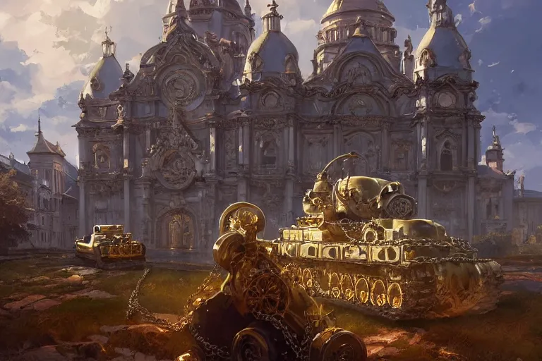 Image similar to an ornate baroque church with tank chains, scene in an open field. key visual, conceptart, ambient lighting, highly detailed, digital painting, artstation, concept art, sharp focus, by makoto shinkai and akihiko yoshida and greg manchess