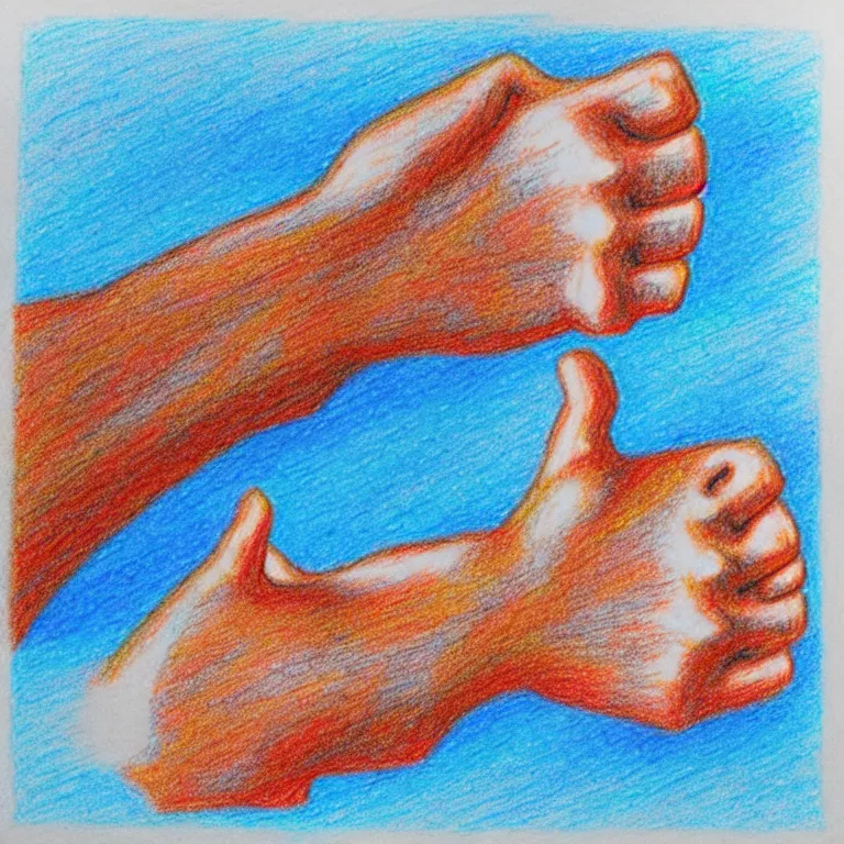 Prompt: Thumbs up; Thumbs down. Do you share your prompts around? If you take, I do not fret, but if I copy and also alter, will you regret, will our friendship falter? colored-pencil drawing as a fancy square tile