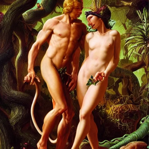 Image similar to Close-up of God being angry in the Garden of Eden. Adam and Eve look very guilty and the snake is leaving the scene quietly - elegant, highly detailed, centered, Joseph Christian Leyendecker, Boris Vallejo, Artgerm