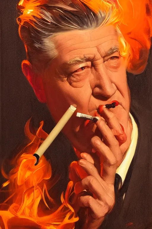Prompt: david lynch smoking cigarette, lit by cigarette, billowing smoke, dark orange glow, painting by jc leyendecker!! phil hale!, lynchian!!!! ominious, dark lighting, angular, brush strokes, painterly, vintage, crisp