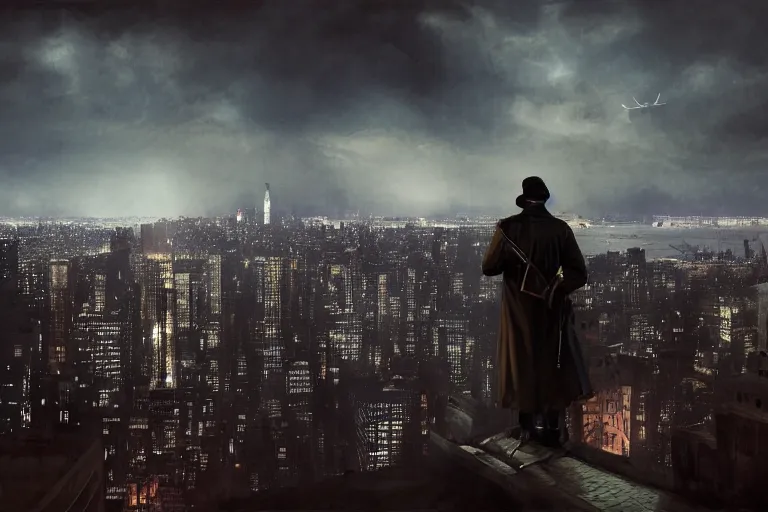Image similar to stunningly mysterious, sniper wearing a trench coat on a perch facing the city at night, smooth, focus, highly detailed, hyper realistic, dramatic lighting, intricate, concept art, new york skyline, looking down, art by wlop, mars ravelo, greg rutowski, artstation