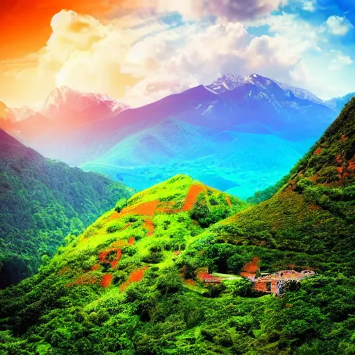 Image similar to the most beautiful and lush landscape in the universe, colorful mountains and green hills, ruined building and ancient civilizations, realistic lighting