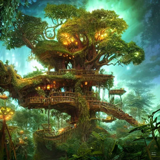 Image similar to an elaborate treehouse overgrown by bioluminescent plants, an ultrafine hyperdetailed illustration by kim jung gi, irakli nadar, intricate linework, bright colors, octopath traveler, final fantasy, unreal engine 5 highly rendered, global illumination, radiant light, detailed and intricate environment