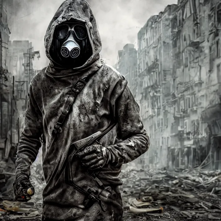 Prompt: gritty hooded apocalyptic man in gas mask standing in street of destroyed city, hyper - detailed, smooth, sharp focus, 4 k ultra hd, fantasy dark art, apocalyptic art