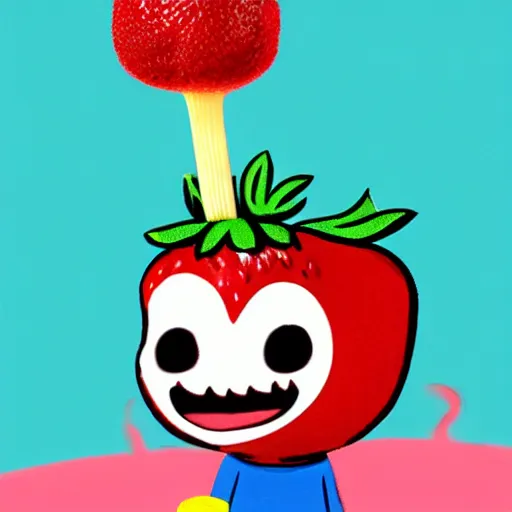 Prompt: a cute strawberry character with two front teeth, holding a yellow toothbrush, in the style of jamie hewlett