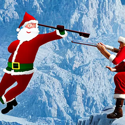 Prompt: Santa clause shooting an elf out of a slingshot across the mountains