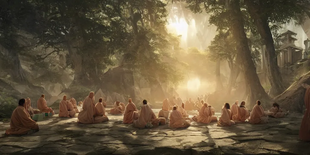 Image similar to a group of ancient sacred religious cult in robes studying in a bustling sci fi city with a large pyramid in its center built in a temperate forest with giant trees near a beach, highly detailed, intricate, digital painting, trending on artstation, concept art, matte painting, art by greg rutkwowski, craig mullins, octane render, 8 k, unreal engine