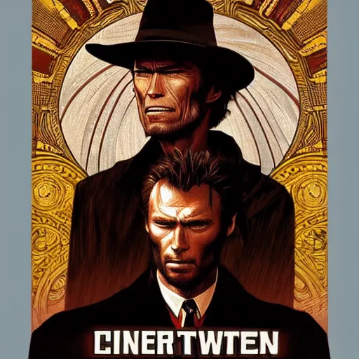 Prompt: Clint Eastwood in Unforgiven, intricate, elegant, highly detailed, digital painting, artstation, concept art, smooth, sharp focus, illustration, art alphonse mucha and loish, movie poster