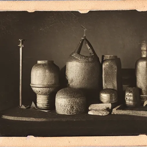 Image similar to Tintype photograph of primitive objects displayed in an ethnographic museum, archive material, anthropology, 1920s studio lighting.