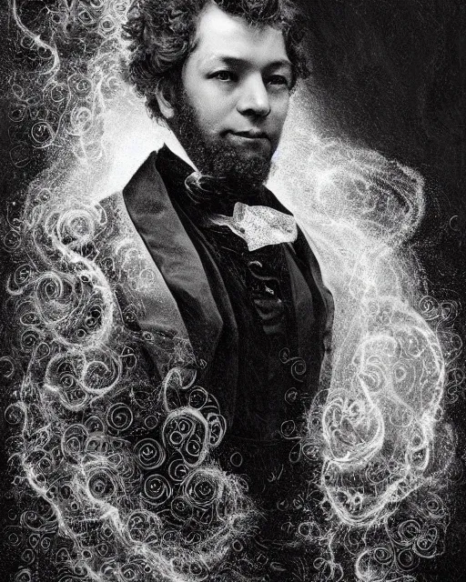 Image similar to a highly detailed portrait of poet Alexander Sergeyevich Pushkin as a devious male magician radiating a powerful energy aura, ornate back tuxedo, wispy tendrils of smoke, swirling vortex of energy, performance art, intricate, digital painting, old english, raining, sepia, particles floating, whimsical background by marc simonetti, art by artgerm and greg rutkowski and alphonse mucha