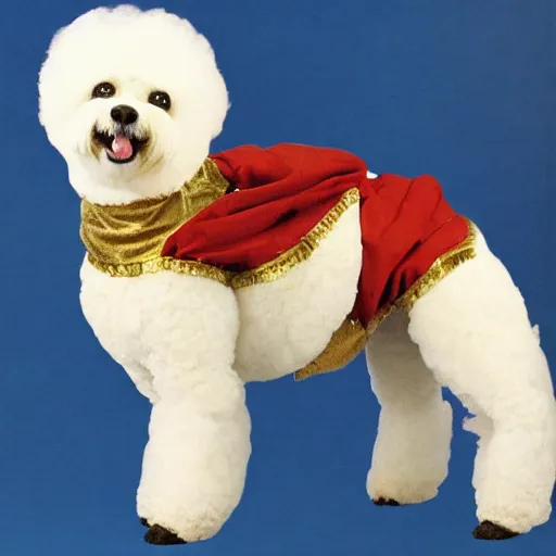 Prompt: bichon frise dog wearing a jester costume while standing on hind legs, medieval painting