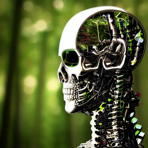 Image similar to super detailed portrait of a terminator's head, packed with cybernetics and and borg enhancements. In a forest with bokeh.