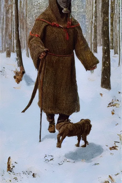 Prompt: slavic dog head man, woolen torso in medieval clothes, walking in the forest, orthodox saint christopher, oil painting, painting by viktor vasnetsov, painting by viktor whimmy, concept art, hyperrealism, beautiful, high resolution, trending on artstation,