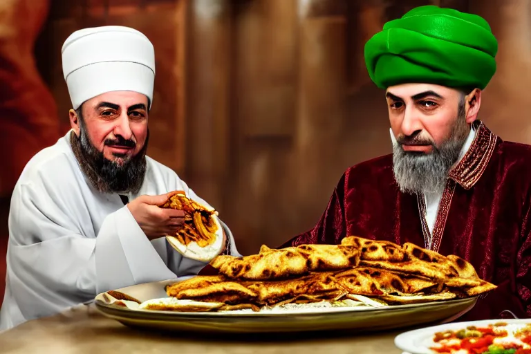 Prompt: Ottoman Sultan Mehmet IV eating shawarma in a restaurant, wearing big ovular turban and a luxurious Ottoman coat, green eyes, super realistic facial features, detailed face, Ottoman Sultanate, cheerful, expressive, photorealistic, hyperrealism, micro details, HDR Shot