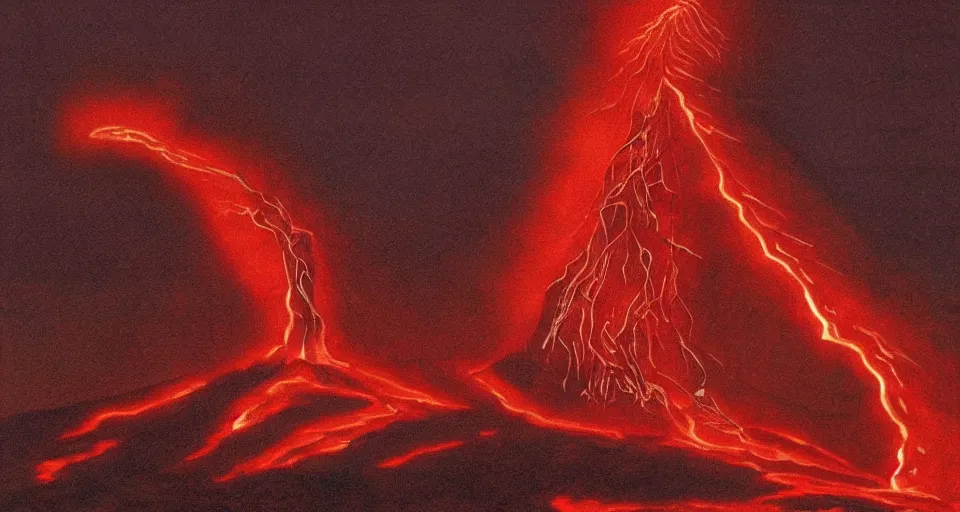 Image similar to a volcano made of ivory vines and crimson rocks enters in eruption, it spits a smoke in the shape of demonic eye, by David A. Hardy