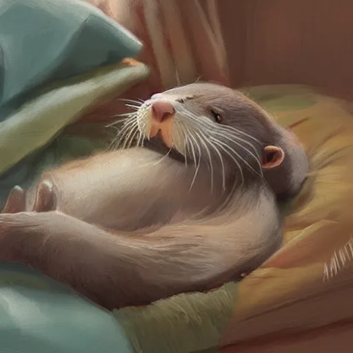 Image similar to a cute otter sleeping with blankets. soft, atmospheric, warm lighting. highly detailed digital painting by mandy jurgens.