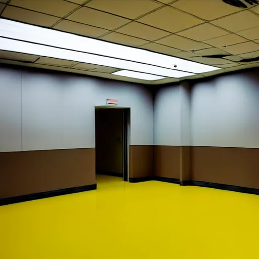 Image similar to xenomorph in endless empty office building with yellow walls, brown carpet, defective fluorescent lighting