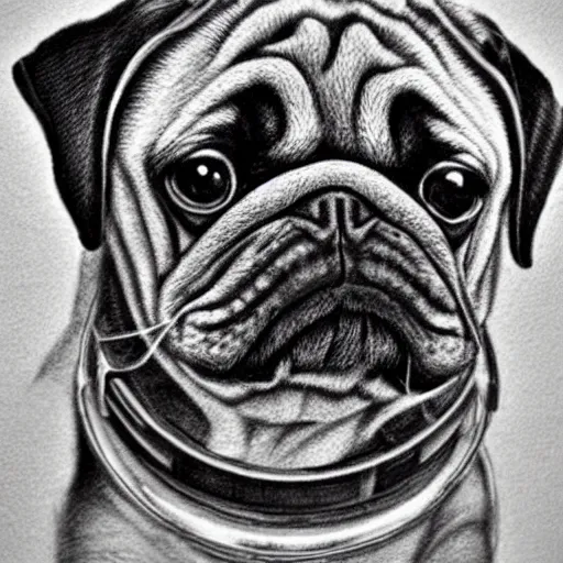 Image similar to pencil art, golden - ratio, spirals, highly detailed, astronaut pug in outer space by davinci.