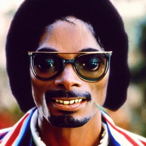 Image similar to a 1980s film still of Snoop Dogg dressed as Michael Jackson, 40mm lens, shallow depth of field, split lighting