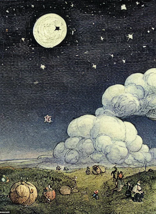 Image similar to night sky, stars, moon prominently in the center, surrounded by clouds, landscape, illustrated by peggy fortnum and beatrix potter and sir john tenniel