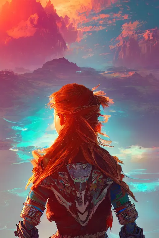 Image similar to combination suit armor aloy horizon forbidden west horizon zero dawn radiating a glowing aura global illumination ray tracing hdr fanart arstation by ian pesty and alena aenami artworks in 4 k tribal robot ninja mask helmet backpack