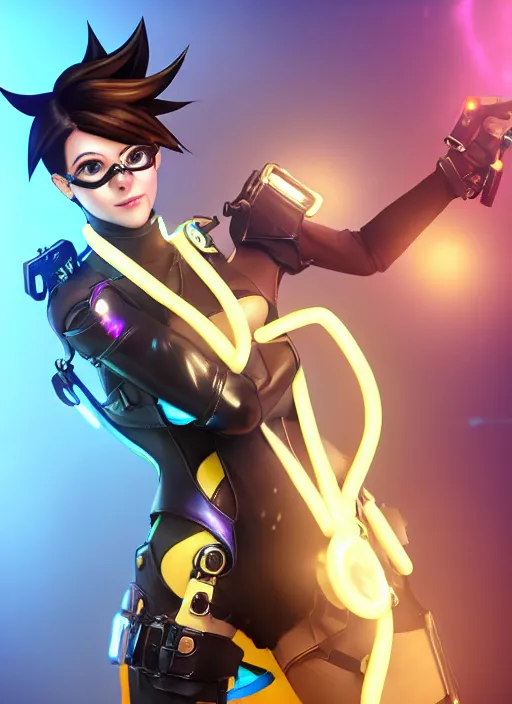 Prompt: full body digital artwork of tracer overwatch, wearing black iridescent rainbow latex, 4 k, expressive happy smug expression, makeup, in style of mark arian, wearing detailed black leather collar, wearing sleek armor, black leather harness, expressive detailed face and eyes,